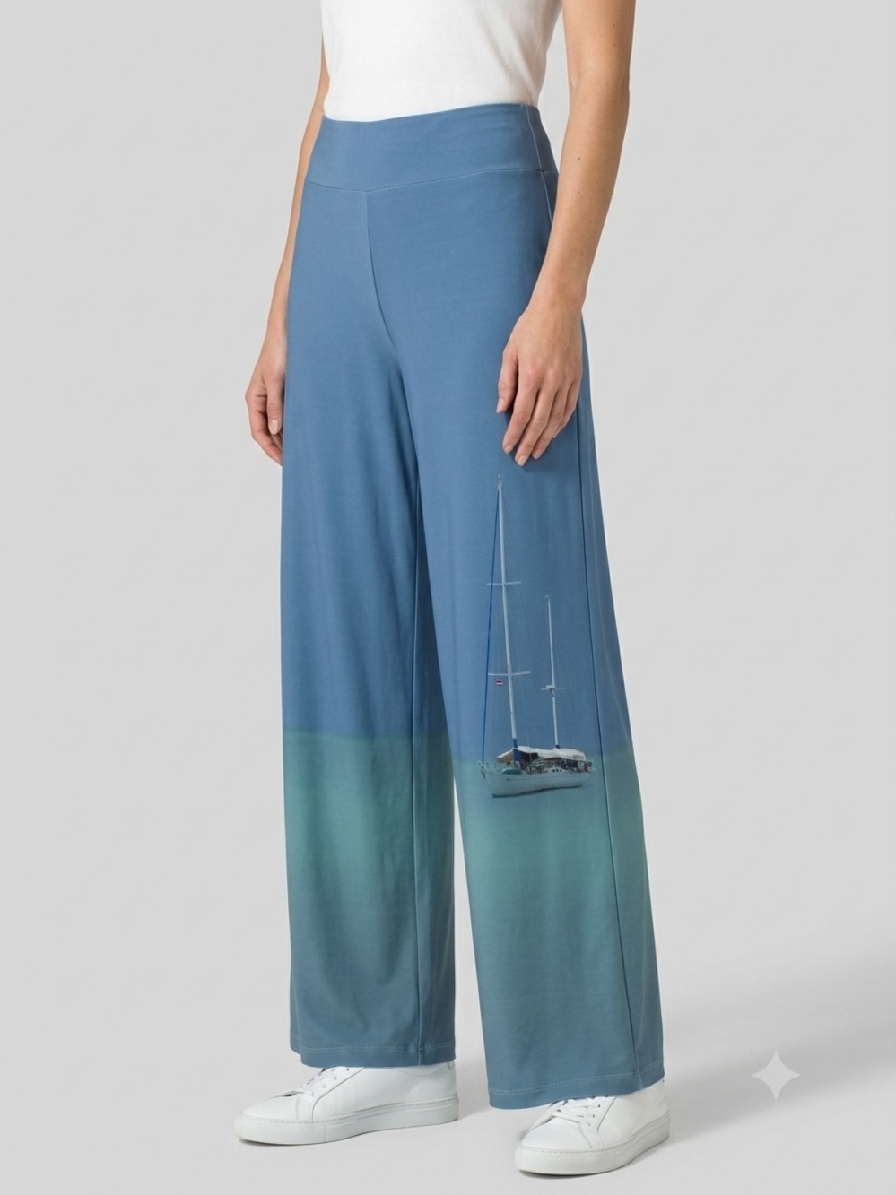 Le Galeriste Paivik Wide Leg Pants XL Blue Sailboat Print Made in Montreal #246